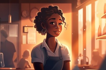 Poster - A Woman In A Kitchen With A Clock In The Background And A Man In The Background Coffee Shop Animation Diversity And Inclusion Generative AI 