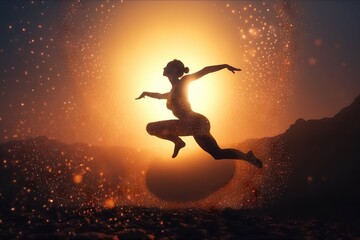 Poster - A Woman Jumping In The Air In Front Of A Sun With Stars Dance Studio Animation Energy Healing