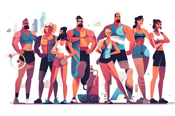 Poster - A Group Of People Standing Next To Each Other In Front Of A White Background Fitness Center Animation Fitness Generative AI 