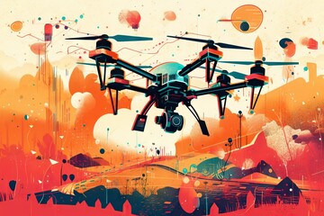Fototapete - A Large Black And Red Flying Over A City With Lots Of Buildings Lunar Landscape Aerial Photography Aerial Photography Generative AI 