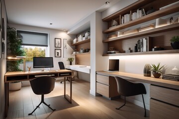 Poster - a home office with a desk and a computer monitor on a desk law office photorealism interior design