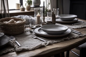 Wall Mural - White and gray rustic dining table. Jute. Scandinavian bohemian decor. Plan, top,. Generative AI