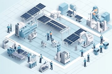 Poster - A Group Of People Standing Around A Factory With Solar Panels On The Roof Factory Animation Manufacturing Planning And Control Generative AI  generative Ai, generative, AI, 