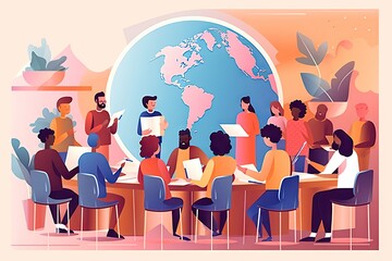 Poster - A Group Of People Sitting Around A Table With A Globe In The Background Classroom Graphic Design Employee Training And Development Generative AI 