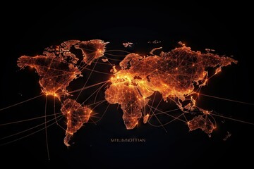 Poster - A Map Of The World With Lines Of Orange And Yellow Lights Military Base Advertising Photography Supply Chain Optimization Generative AI 