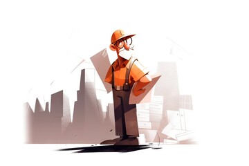 Poster - A Man In A Hat And Glasses Standing In Front Of A City Construction Site Typography Construction Management Generative AI 