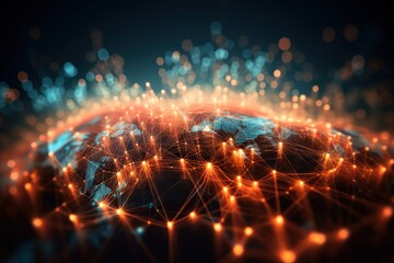 Fototapete - A Blue And Orange Globe With A Network Of Lights Around It Deep Sea Trench Video Art Supply Chain Optimization Generative AI 