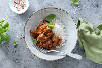 Wall Mural - Healthy bowl with beef, rice and vegetables