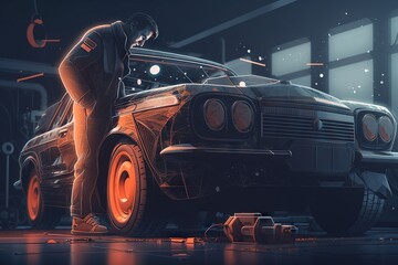 Poster - A Man Standing Next To A Car In A Garage With A Wrench Car Repair Shop Photorealism Automotive Design
