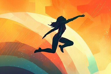 Fototapete - A Woman Is Jumping In The Air With Her Arms Outstretched In Front Of A Colorful Background Canyon Animation Freedom Generative AI 