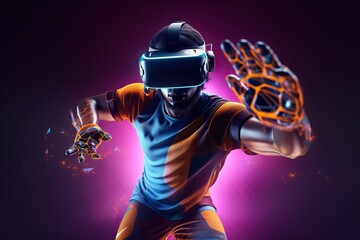 Poster - A Man In A Blue And Yellow Uniform Holding A Glove And A Ball Construction Site Advertising Photography Virtual Reality Generative AI 