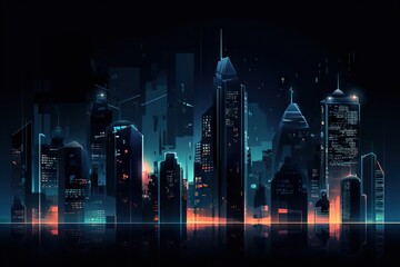 Poster - A Cityscape With A Lot Of Tall Buildings At Night Modern City Skyline At Night Art Deco Cities Generative AI 