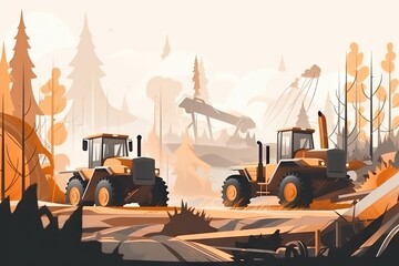 Poster - A Painting Of Two Tractors In A Field With Trees In The Background Construction Equipment Yard Environmental Art Forestry Generative AI 