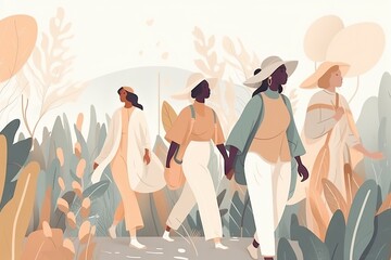 Poster - A Group Of People Walking Through A Forest With Trees And Plants Farm Environmental Art Motion Graphics