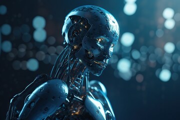 Fototapete - A Robot With Glowing Eyes And A Body With A Chain Around It Factory Animation Robotics Engineering Generative AI 