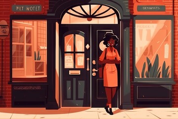 Poster - A Woman Standing Outside Of A Building Talking On A Cell Phone Coffee Shop Animation Motion Graphics