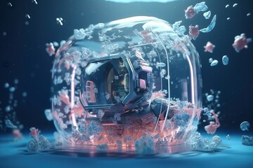 Poster - a computer generated image of a computer inside a bubble of water aquarium animation motion graphics