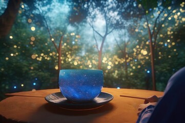 Poster - A Cup Of Coffee Sitting On Top Of A Wooden Table Next To A Forest Coffee Shop Photorealism Motion Graphics