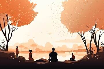 Poster - A Man Sitting On A Rock Near A Lake With Trees In The Background Yoga Studio Animation Meditation