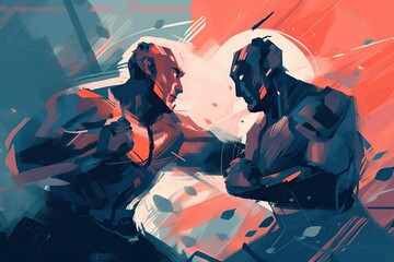 Poster - A Painting Of Two Men Sitting Next To Each Other On A Couch Boxing Gym Constructivism Digital Illustration Generative AI 