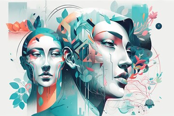 Poster - A Couple Of Women With Different Colored Faces And Shapes On Them Graffiti Wall Typography Print Design