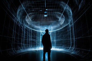 Fototapete - A Man Standing In A Dark Tunnel With A Light At The End Warehouse Video Art Augmented Reality Generative AI 