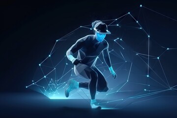 Fototapete - A Man Running In A Futuristic Style With Lines And Dots On The Background Fitness Center Animation Augmented Reality Generative AI 
