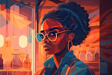 Poster - A Woman With Glasses Looking Out A Window At A Science Lab Supermarket Graphic Design Digital Illustration