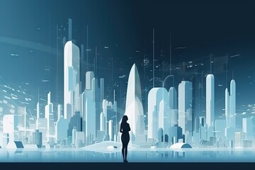 Poster - A Woman Standing In Front Of A City Skyline With Skyscrapers Modern Urban Skyline Graphic Design Cities