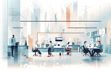 Poster - A Group Of People Sitting At A Table In A Room With A City View Factory Animation Facilities Management
