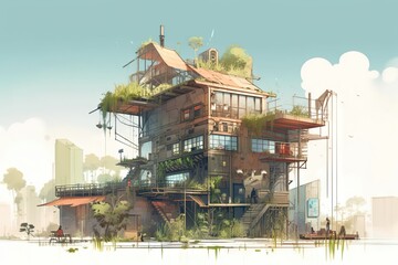 Poster - A Building With A Lot Of Plants On Top Of It And A Sky Background Farm Environmental Art Environment