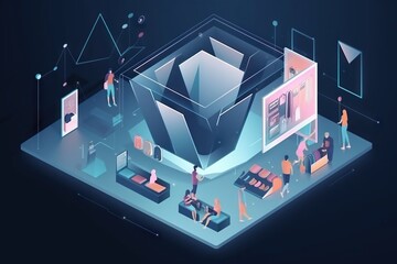 Poster - People Are Standing Around A Large Object In The Dark Room With A Blue Background Nightclub Video Art Motion Graphics Generative AI 