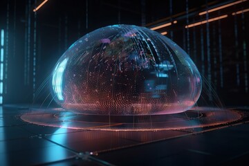 Poster - A Futuristic Sphere With A Lot Of Dots On It In A Dark Room Nightclub Animation Motion Graphics Generative AI 