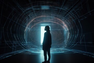 Poster - A Person Standing In A Dark Tunnel With Lines All Around Them Science Museum Video Art Set Design