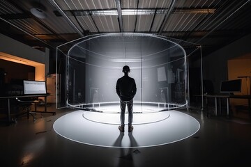 Poster - a man standing in front of a glass display in a room workshop panoramic photography industrial photo