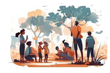 Poster - A Group Of People Standing Around A Tree In A Park With A Man Holding A Bird Mangrove Swamp Animation Fundraising And Philanthropy Generative AI 