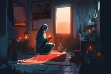 Poster - A Woman Sitting On A Rug Looking At Her Phone In A Dark Room Mosque Animation Meditation