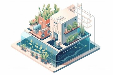 Poster - A House With Plants Growing Out Of It's Roof And A Pond Aquarium Environmental Art Smart Homes