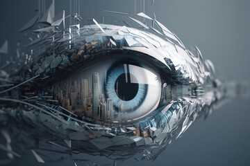 Poster - A Futuristic Eye With A City In The Background And A Reflection Of The City In The Eye Modern Urban Skyline Video Art Motion Graphics Generative AI 