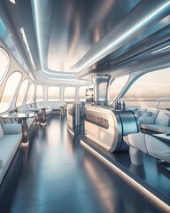 Poster - a futuristic looking train car with a lot of seating and windows restaurant photorealism luxury trav