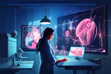 Poster - A Woman Is Looking At A Computer Screen With A Brain Scan Workshop Animation Medical Devices
