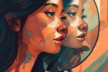 Poster - A Woman Looking In A Mirror With Another Woman's Reflection Art Museum Photorealism Print Design