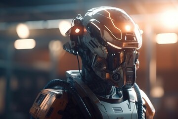 Poster - A Robot With A Helmet And A Light On His Face In A Room Arcade Animation Artificial Intelligence