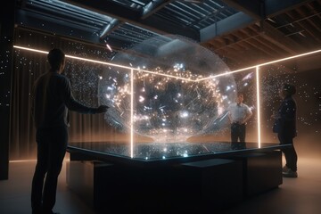 Fototapete - A Man And A Woman Looking At A Large Display Of Stars Science Museum Kinetic Art Motion Graphics