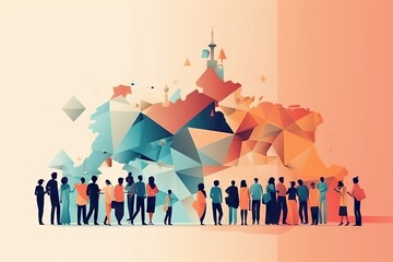 Poster - A Group Of People Standing In Front Of A Castle With A Sky Background Workshop Advertising Photography Crowdfunding Generative AI 