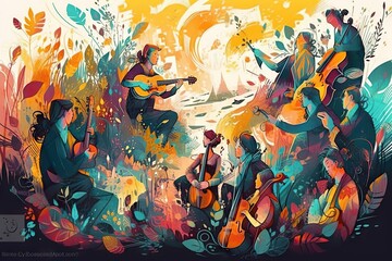 Poster - A Group Of People Playing Instruments In A Painting Style With Colorful Paint Concert Hall Fauvism Music Performance Generative AI 