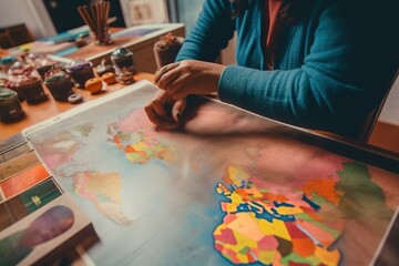 Poster - A Person Is Painting A Map On A Table With Paintbrushes Workshop Travel Photography Budget Travel