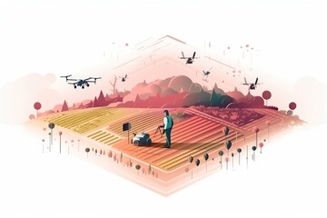Poster - A Man Standing On A Field With A Plane Flying Overhead And A Man With A Suitcase Farm Aerial Photography Agriculture Generative AI 