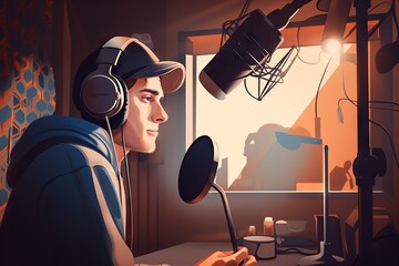 Poster - A Man Wearing Headphones Is Looking At A Computer Screen While Recording Radio Station Animation Radio Production Generative AI 