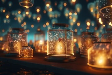 Poster - A Row Of Lanterns With Lights In Them On A Table With A Blue Background Aquarium Animation Animation Generative AI 